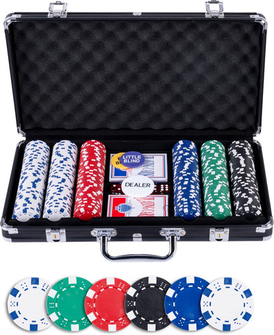 Set de poker Engelhart 300 jetons (11,5 grammes) dans un étui noir – avec 2 jeux de cartes à jouer, 5 dés et 3 boutons de croupier