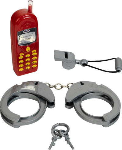 Klein Toys ensemble de police 3 pièces - menottes, sifflet et téléphone portable - gris rouge