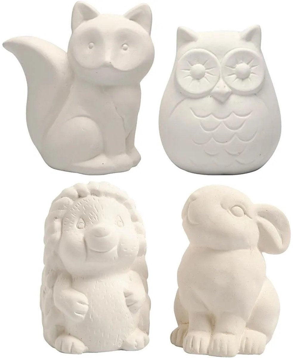 Creativ company tirelire animal, hibou, renard, hérisson, lièvre, h : 9-10 cm, blanc, 4 pièces 1 boîte