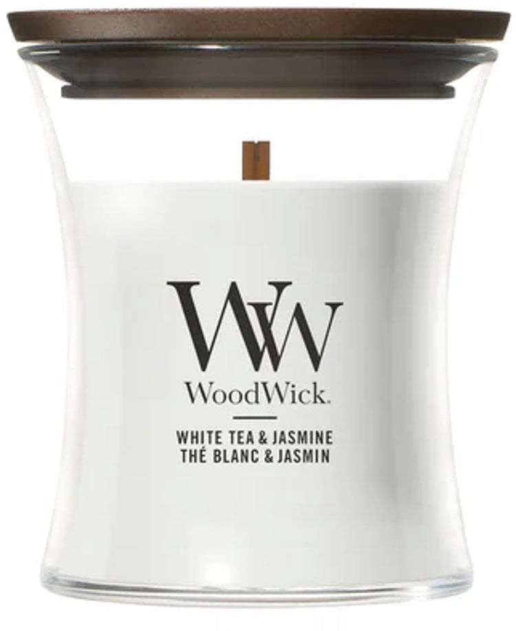Mini bougie bougie parfumée Woodwick - thé blanc jasmin - 20 heures de combustion - 85gr - 8 cm ø 7 cm