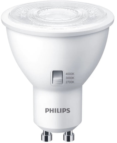 Philips LED Gu10 4,8W - couleur de lumière réglable interrupteur CCT 2700K 3000K 4000K - 36° - dimmable | gu10 | blanc extra chaud-blanc chaud-blanc froid | 4,8 watts | 15 000 heures de combustion