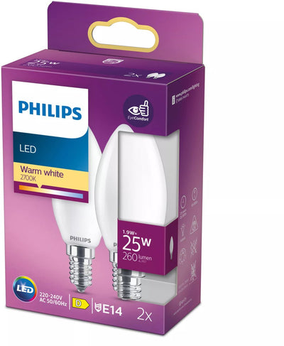 Lampe LED Philips - lampe bougie avec culot E14 - lumière blanc chaud : 2700k - 25w - verre dépoli - pack de 2