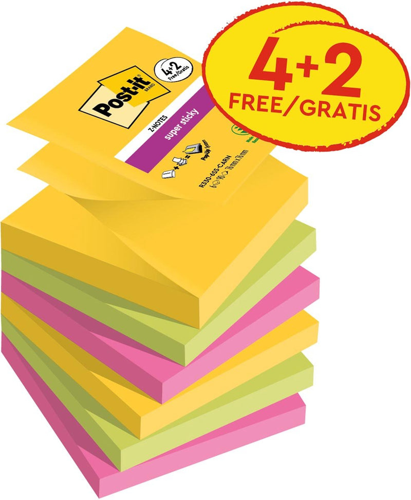 Z-notes super collantes post-it r330-sscarn-p4+2 jaune, vert, rose