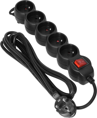 Orno® multiprise - rallonge - rallonge - avec terre - 5 prises - 5 x 2p+e avec interrupteur - 3 mètres - h05vv-f 1x1,5mm2, imax=16a, noir max 3680 watts - pour la Belgique