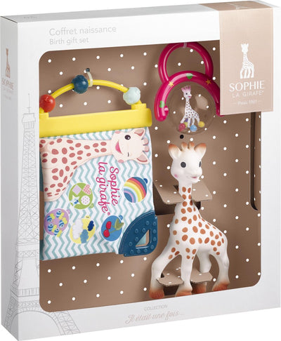 Coffret Sophie la girafe - coffret naissance - cadeau maternité - cadeau baby shower - poupée, hochet livret découverte - dès 0 mois - dans coffret cadeau blanc - 3 pièces