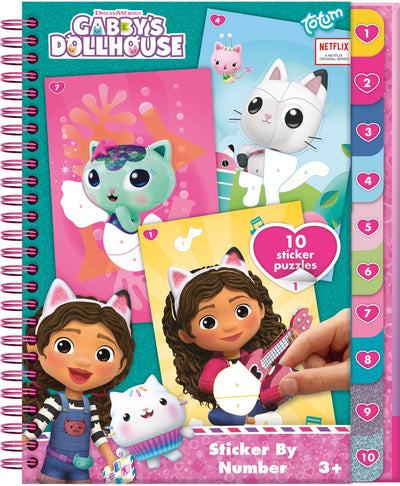 Livret de puzzles d'autocollants pour maison de poupée de Totum Gabby comprenant des pages à colorier, un livre de vacances, 10 puzzles d'autocollants - autocollants par numéro, livre d'activités de vacances, maison de poupée de Gabby