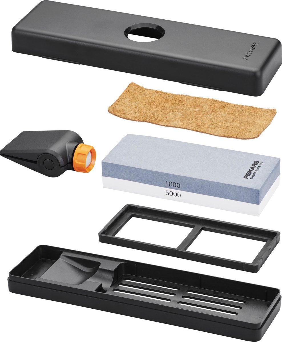 Fiskars Kit d'affûtage de couteaux - Pierre à aiguiser Premium - Pierre à aiguiser pour couteaux - Avec deux puissances d'affûtage, guide d'angle d'affûtage et cuir de polissage