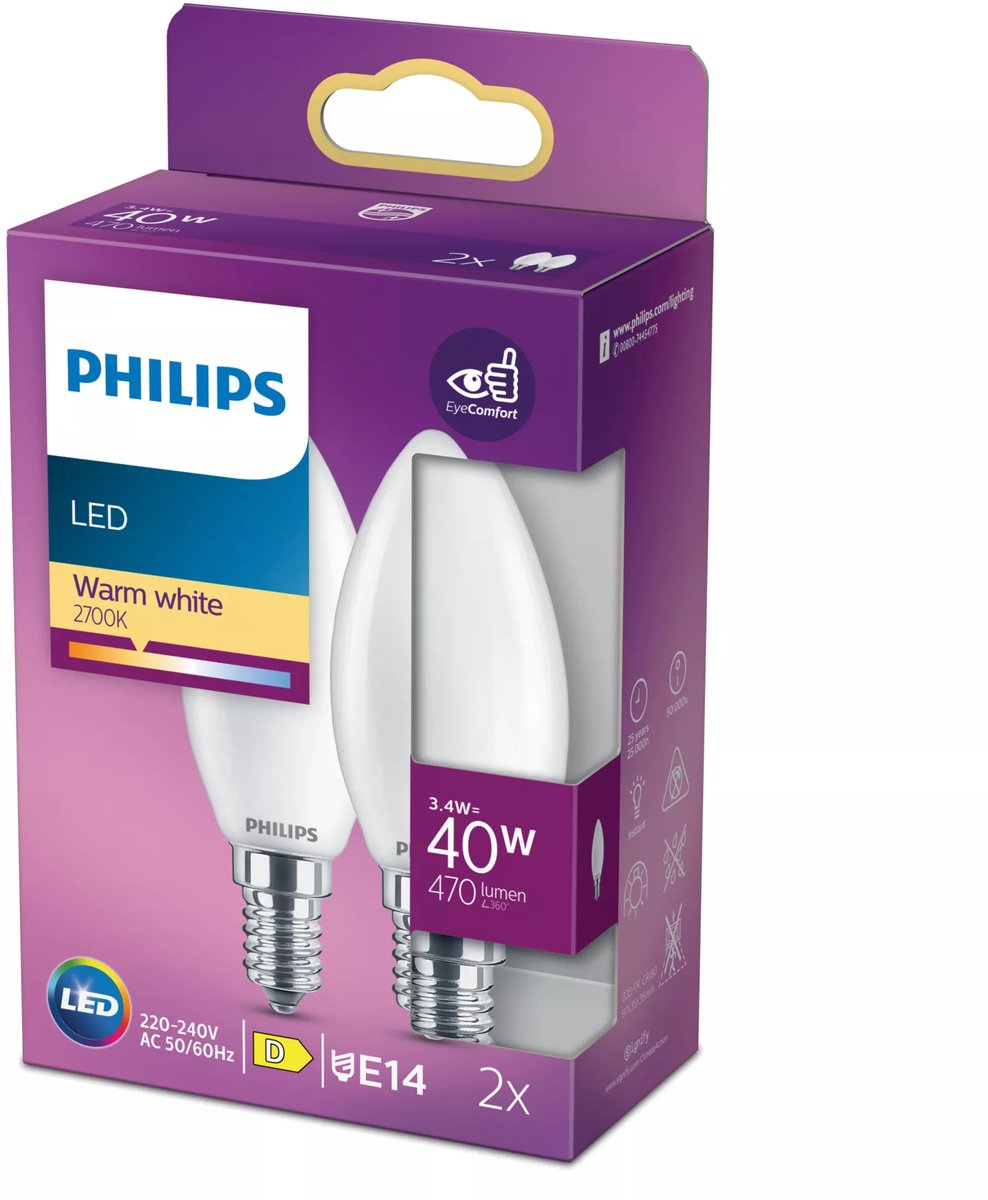 Lampe LED Philips - lampe bougie avec culot E14 - lumière blanc chaud : 2700k - 40w - verre dépoli - pack de 2