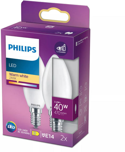 Lampe LED Philips - lampe bougie avec culot E14 - lumière blanc chaud : 2700k - 40w - verre dépoli - pack de 2