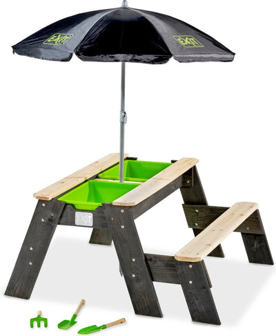 Sortie jouets sortie axent sable-eau- table de pique-nique (1 banc) - avec parasol outils de jardin - nappe phréatique - bac à sable - bois - enfants dehors