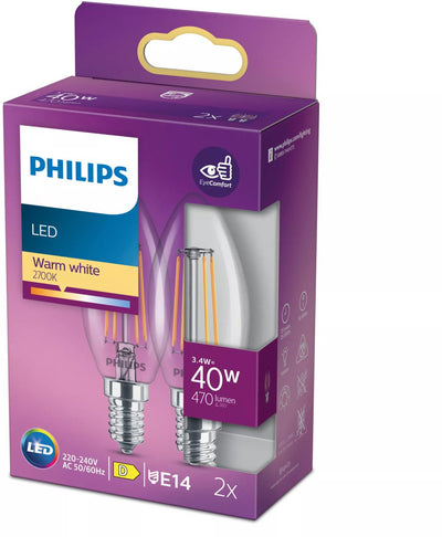 Lampe LED Philips - lampe bougie avec culot E14 - lumière blanc chaud : 2700k - 40w - verre transparent - pack de 2