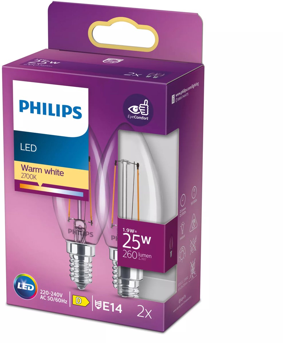 Lampe LED Philips - lampe bougie avec culot E14 - lumière blanc chaud : 2700k - 25w - verre transparent - pack de 2