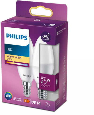 Bougie LED Philips économe en énergie mate - 25 W - E14 - lumière blanc chaud - 2 pièces - économisez sur les coûts énergétiques