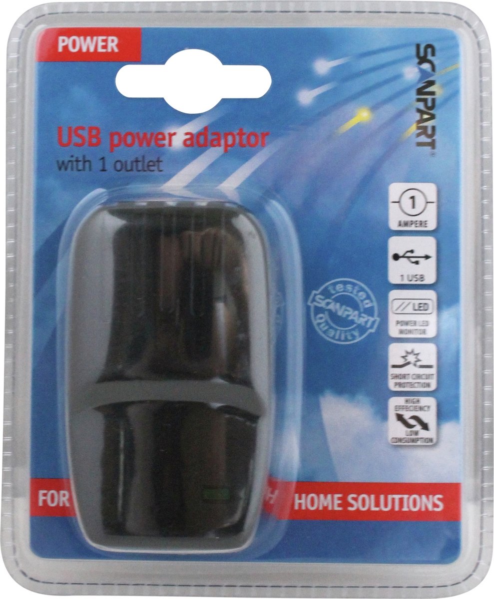 Prise USB Scanpart avec 1 port - Connexion USB A - 1a - noir