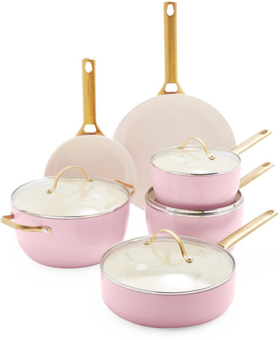 Greenpan Padova ensemble de poêles en aluminium 10 pièces - ø18 cm-28 cm - sans PFA - induction - va au four jusqu'à 200 degrés - poignées en acier inoxydable doré - rose - incl. couvercles