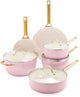 Greenpan Padova ensemble de poêles en aluminium 10 pièces - ø18 cm-28 cm - sans PFA - induction - va au four jusqu'à 200 degrés - poignées en acier inoxydable doré - rose - incl. couvercles