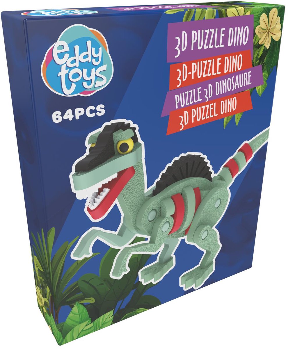 Eddy Toys Puzzle 3D Dino 64 pièces - Puzzle Dinosaure 3D - Puzzle de construction 64 pièces - Modèle de dinosaure à construire soi-même - Jouets à partir de 3 ans