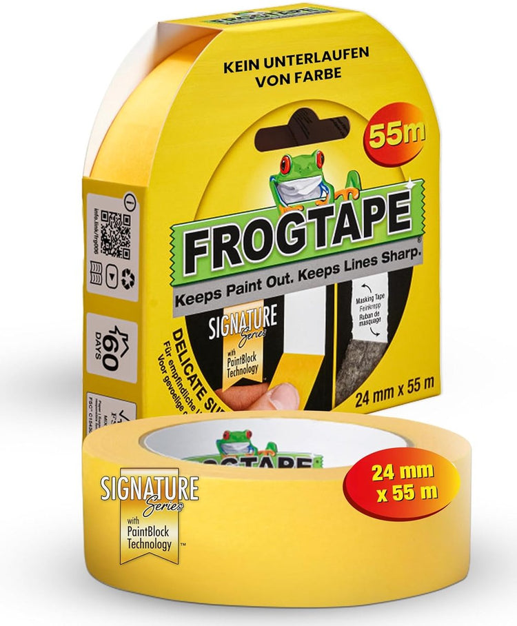 Frogtape delicate surface - afplaktape schilderstape - geel 24 mm x 55 m voor strakke lijnen zonder verfdoorloop - geschikt voor alle verftypes binnen en buiten op ruwe of vochtige oppervlakken - stevige papieren professionele kwaliteit