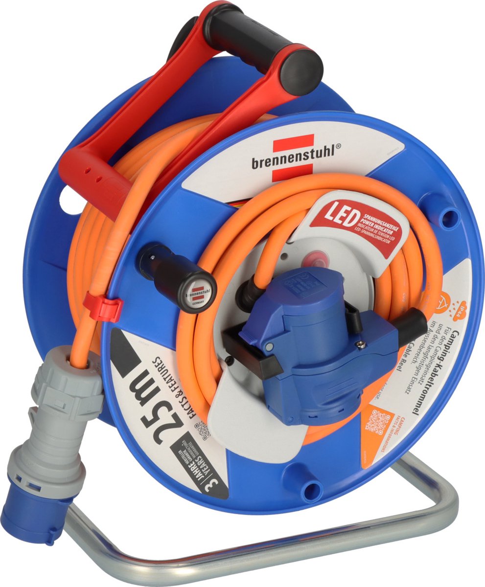 Enrouleur de câble de camping Brennerstuhl avec 25 m de câble orange avec indicateur de tension LED (enrouleur de câble CEE 230 V avec fiche coudée CEE avec fiche combinée de terre, pour une utilisation permanente en extérieur, fabriqué en Allemagne)