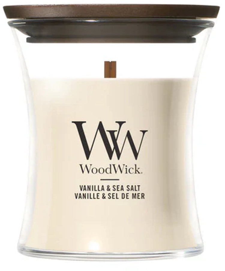 Mini bougie bougie parfumée Woodwick - vanille sel marin - 20 heures de combustion - 85gr - 8 cm ø 7 cm