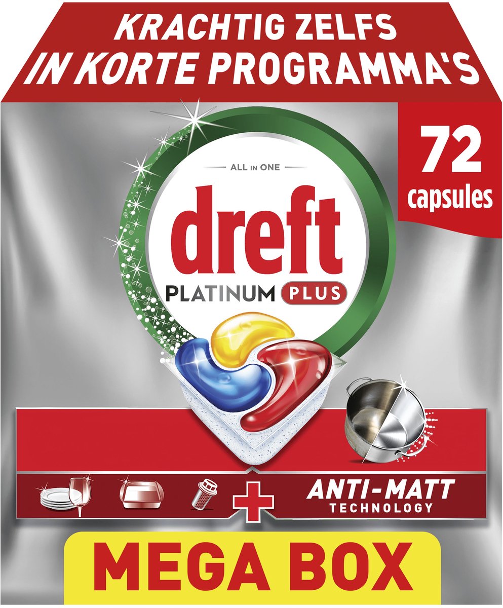 Tablettes pour lave-vaisselle Dreft Platinum Plus Lemon - Technologie anti-émoussée - 72 pièces