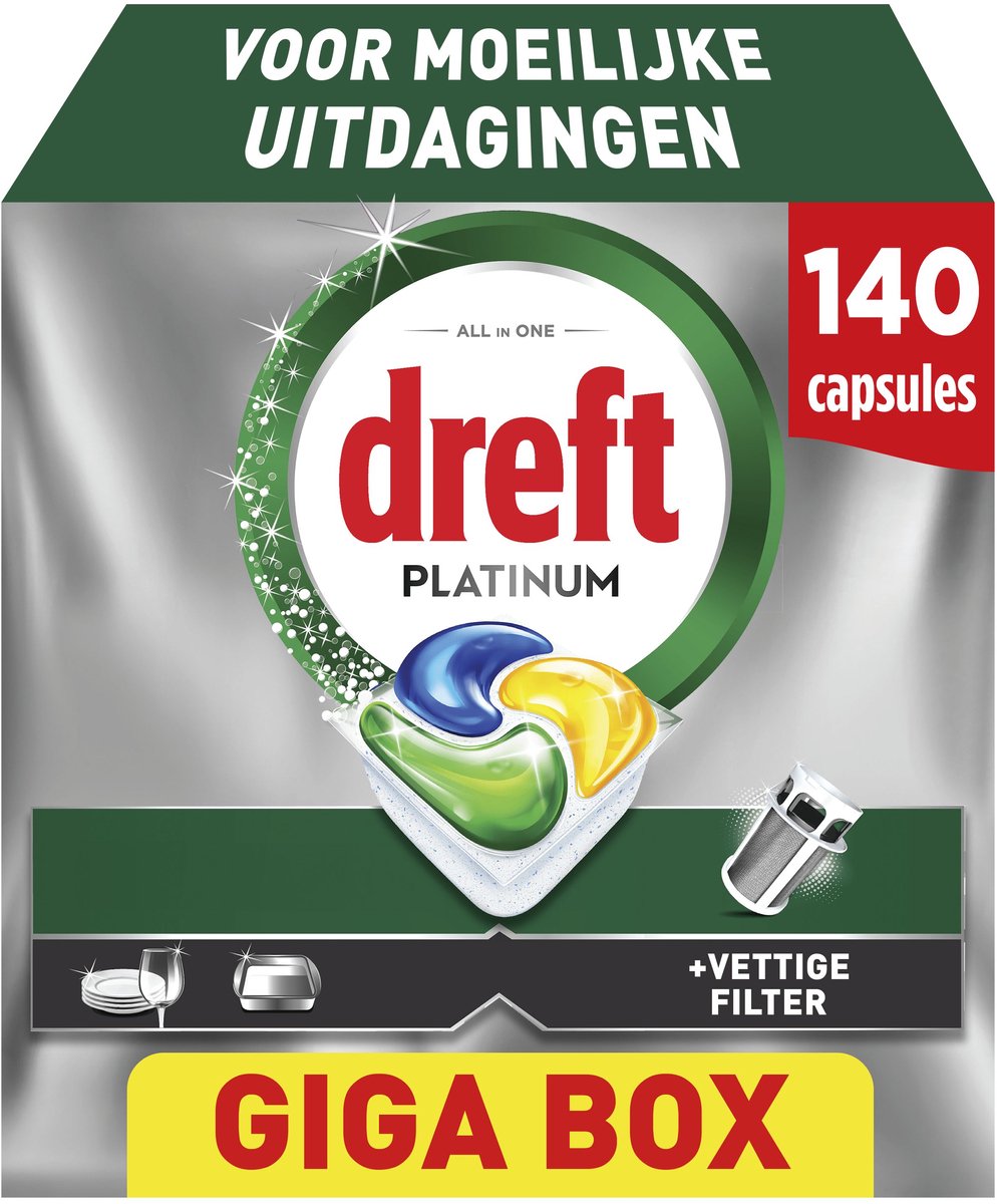 Tablettes pour lave-vaisselle Dreft Platinum citron - défis difficiles - filtre à graisse - 140 pièces