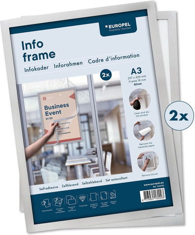 Cadre d'échange européen autocollant - cadre pour affiches - cadre magnétique - A3 - 29,7 x 42 cm - lot de 2 pièces - argent