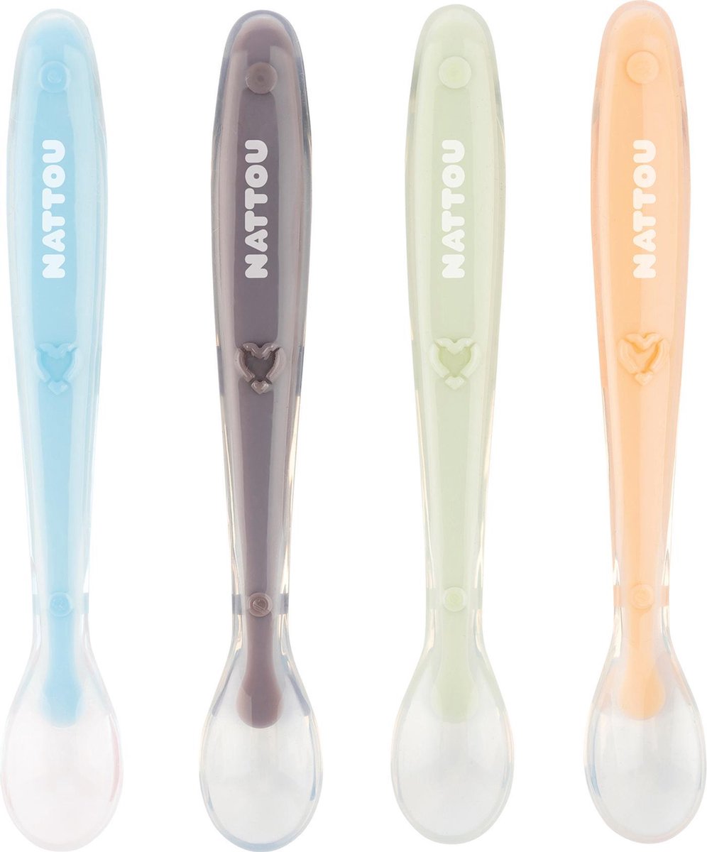 Cuillères en silicone Nattou pour enfants - 4 pièces - longueur : 16 cm chacune - avec boîte de transport pour 1 cuillère - sans BPA