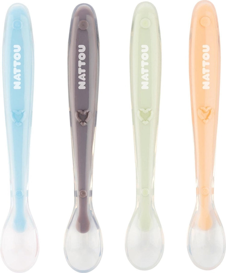 Cuillères en silicone Nattou pour enfants - 4 pièces - longueur : 16 cm chacune - avec boîte de transport pour 1 cuillère - sans BPA