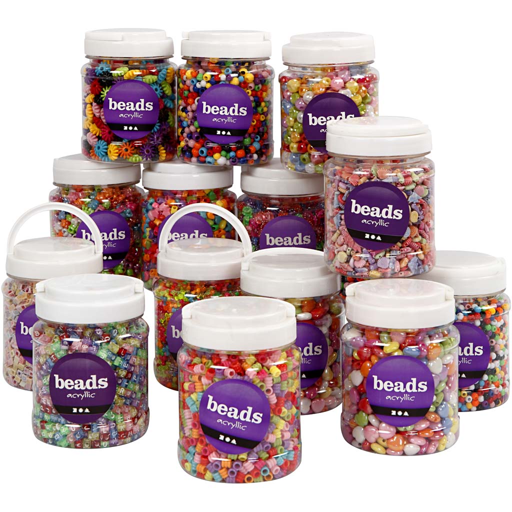 Perles en plastique Creativ company, taille 6-15 mm, diamètre du trou 1,5-6 mm, différentes couleurs, 16x700 ml 1 boîte