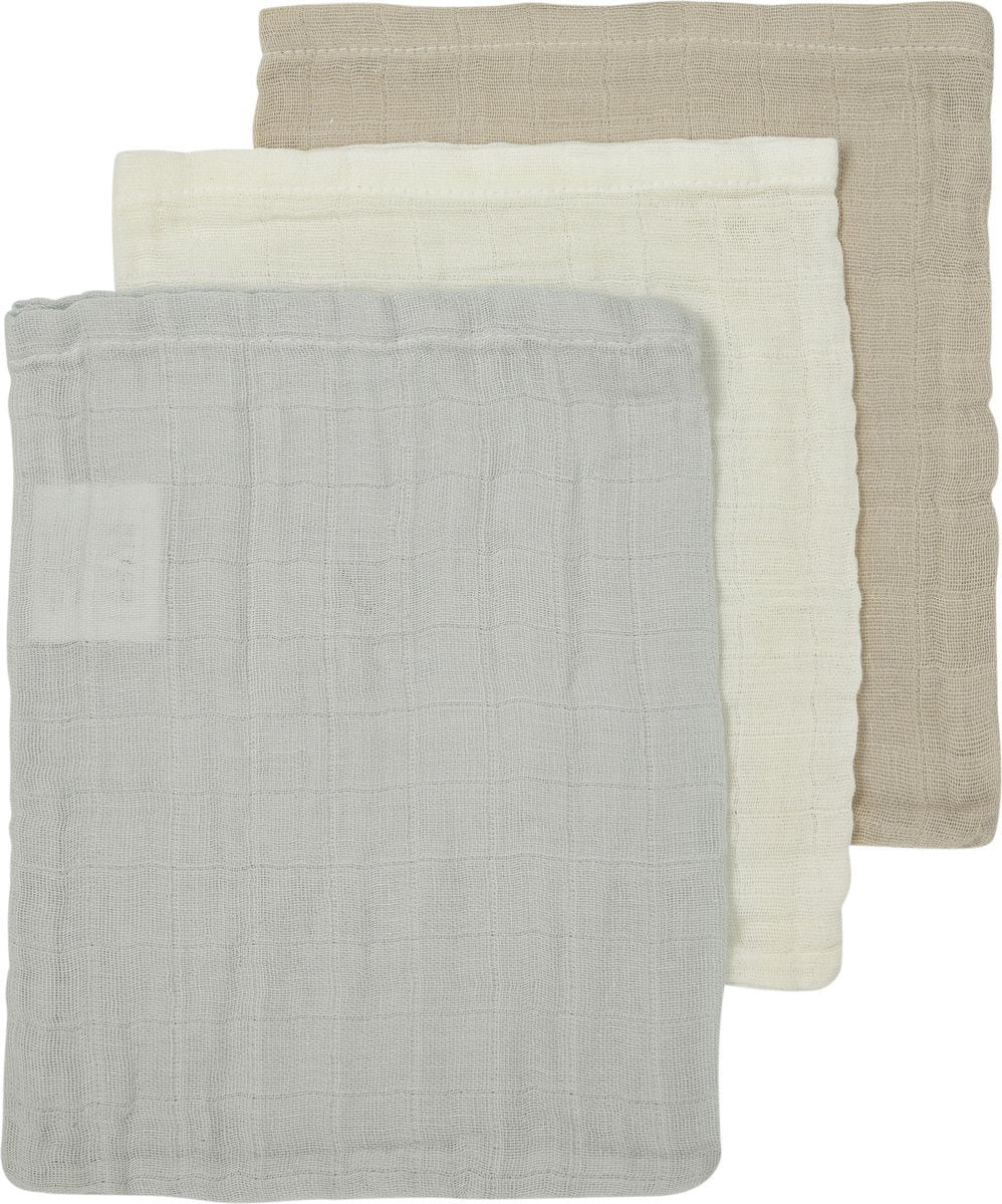 Débarbouillettes unies bébé Meyco - lot de 3 - hydrophiles - blanc cassé gris clair sable - 20x17cm