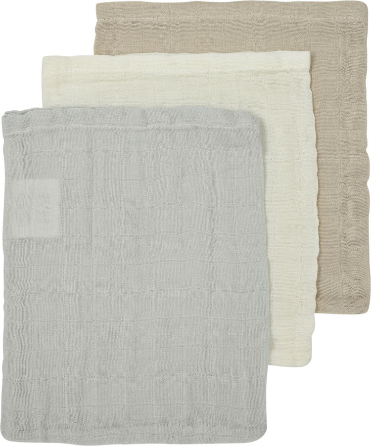 Débarbouillettes unies bébé Meyco - lot de 3 - hydrophiles - blanc cassé gris clair sable - 20x17cm