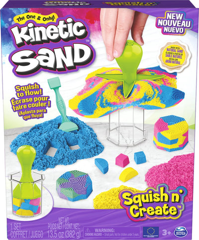 Sable cinétique - squish n' create avec 382 g bleu jaune et rose original et 5 outils - jouets sensoriels