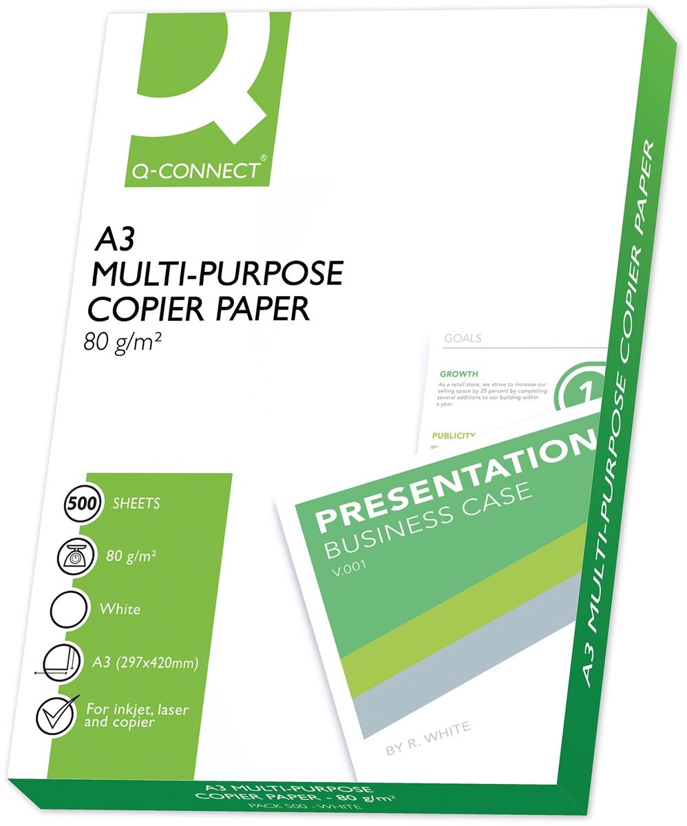 Papier de copie Q-connect, a3, 80 g, 1 boîte de 5 paquets de 500 feuilles, blanc