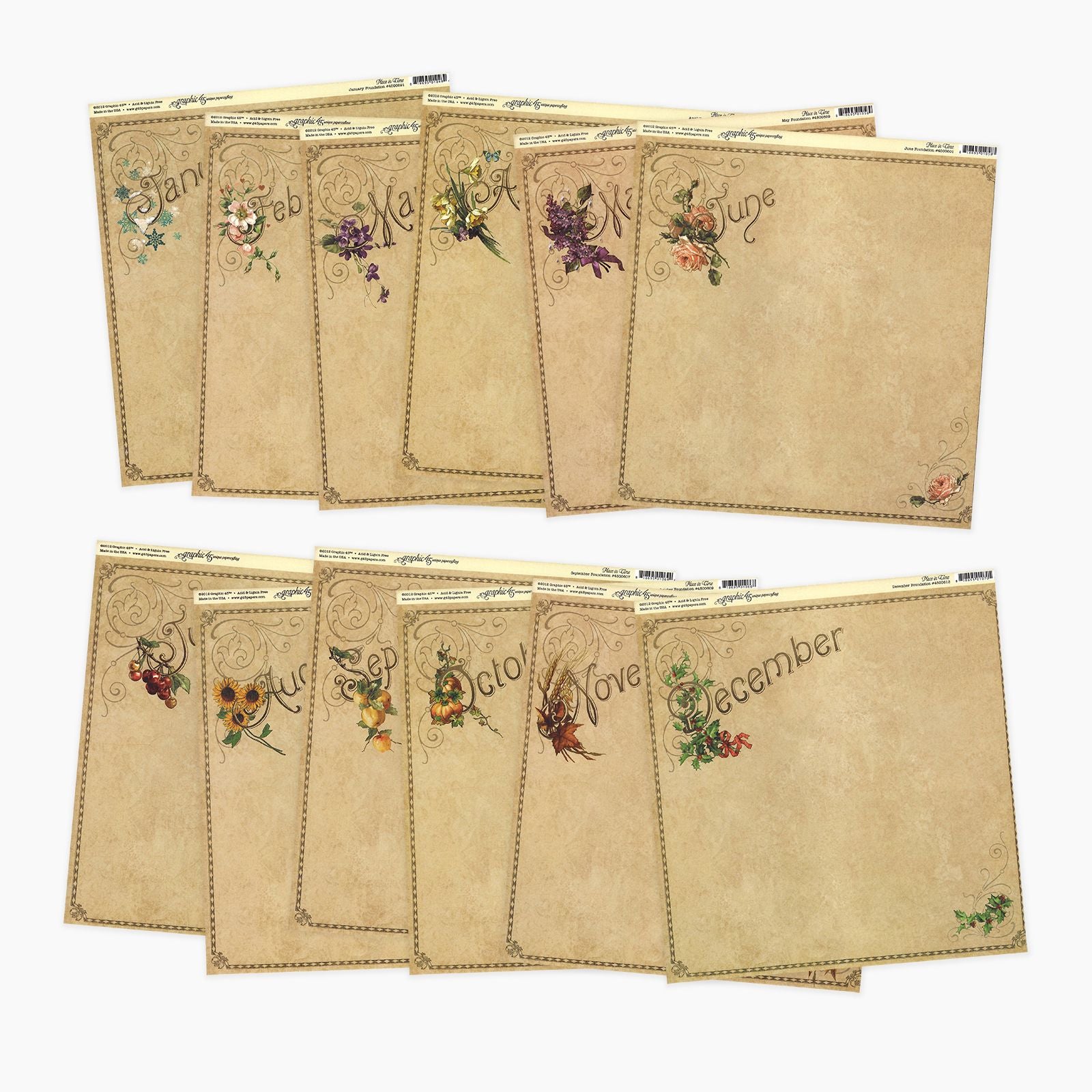 Graphic45 • assortiment de papiers pour scrapbooking pour calendrier 30,5x30,5cm 12pcs