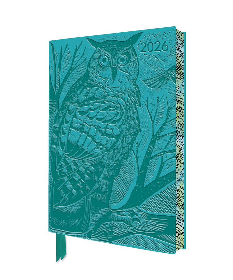 Flame Tree Angela Harding : Hibou des marais 2026 Art artisanal Agenda en cuir végétalien - Page à voir avec notes