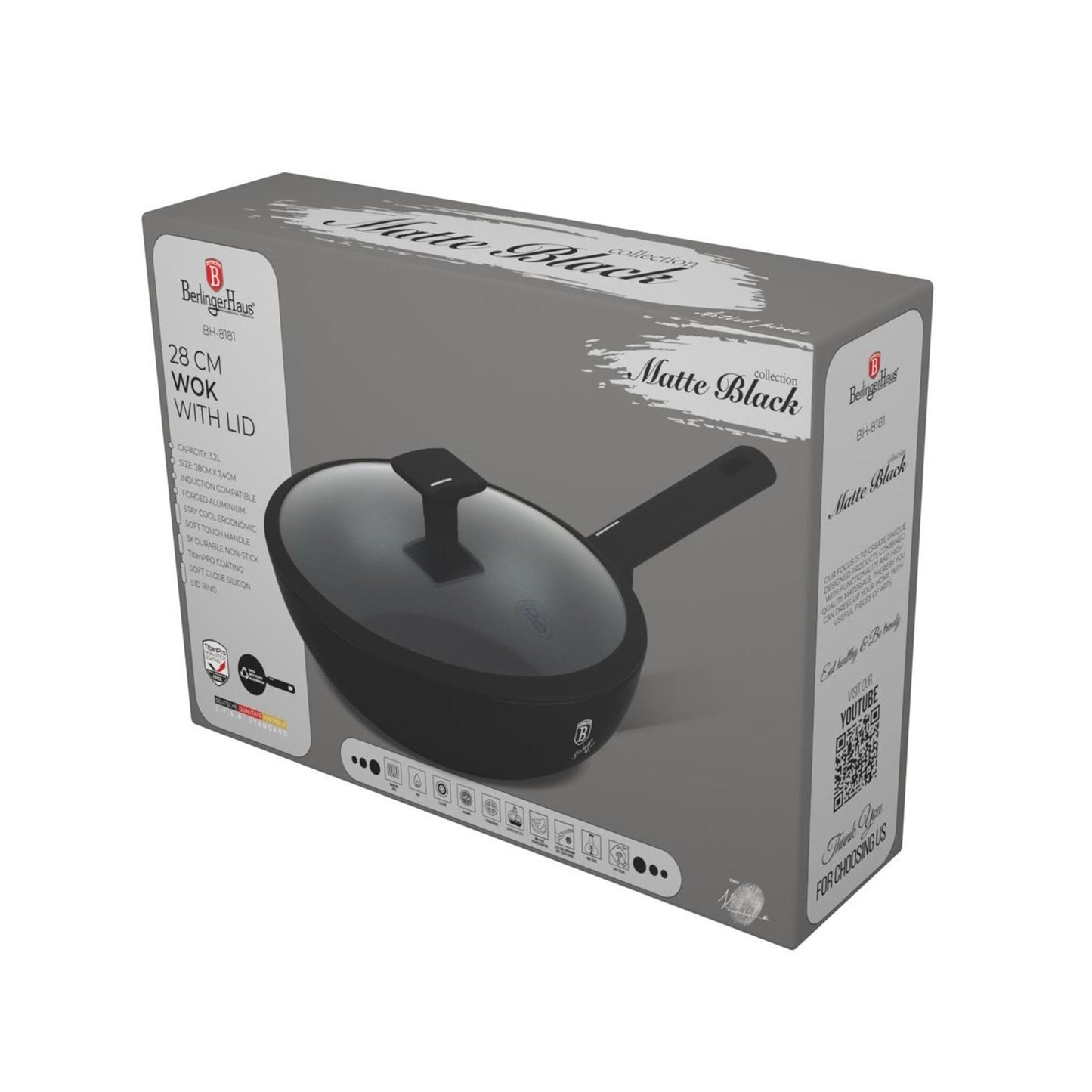 Poêle wok Berlingerhaus avec couvercle 28cm