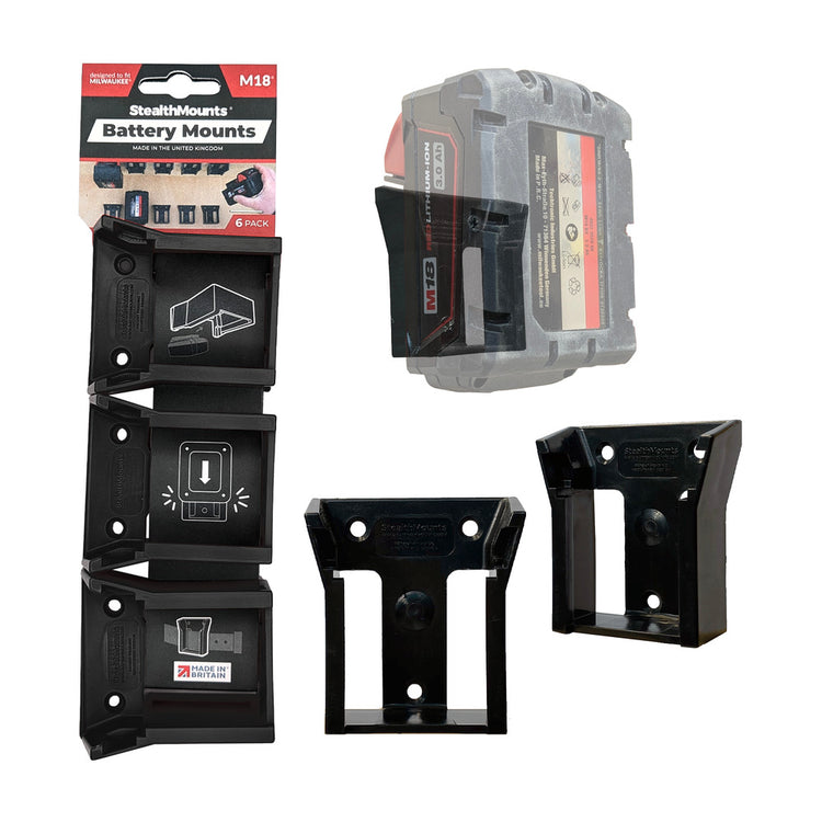 Supports de batterie à montage furtif pour Milwaukee M18 18 V | noir | 6 pièces - bm-mw18-blk-6