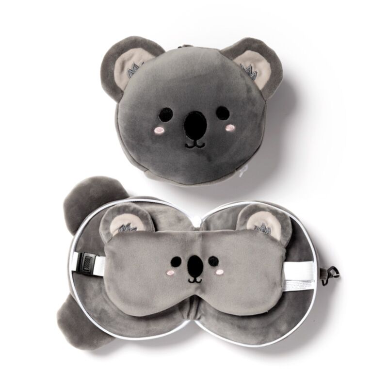 Adoramals en peluche koala autour du masque de sommeil du coussin de voyage