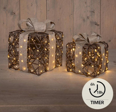 Anna's collection coffrets cadeaux lumineux lot de 2 50 LED classique chaud 15x15x17cm 20x20x23cm fonctionne avec 3 piles AA avec minuterie