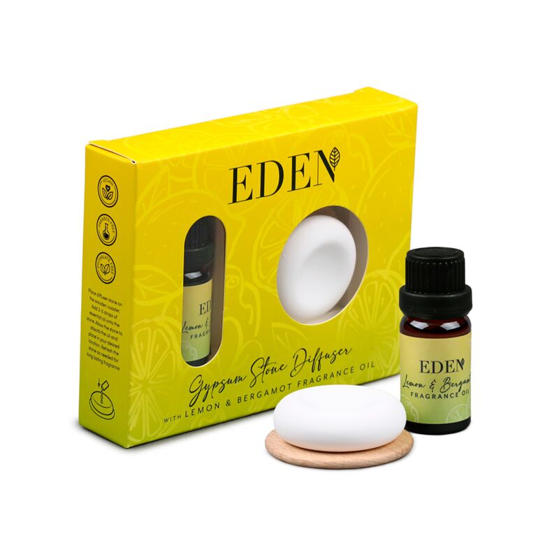 Ensemble diffuseur et huile parfumée en pierre de plâtre Eden citron bergamote