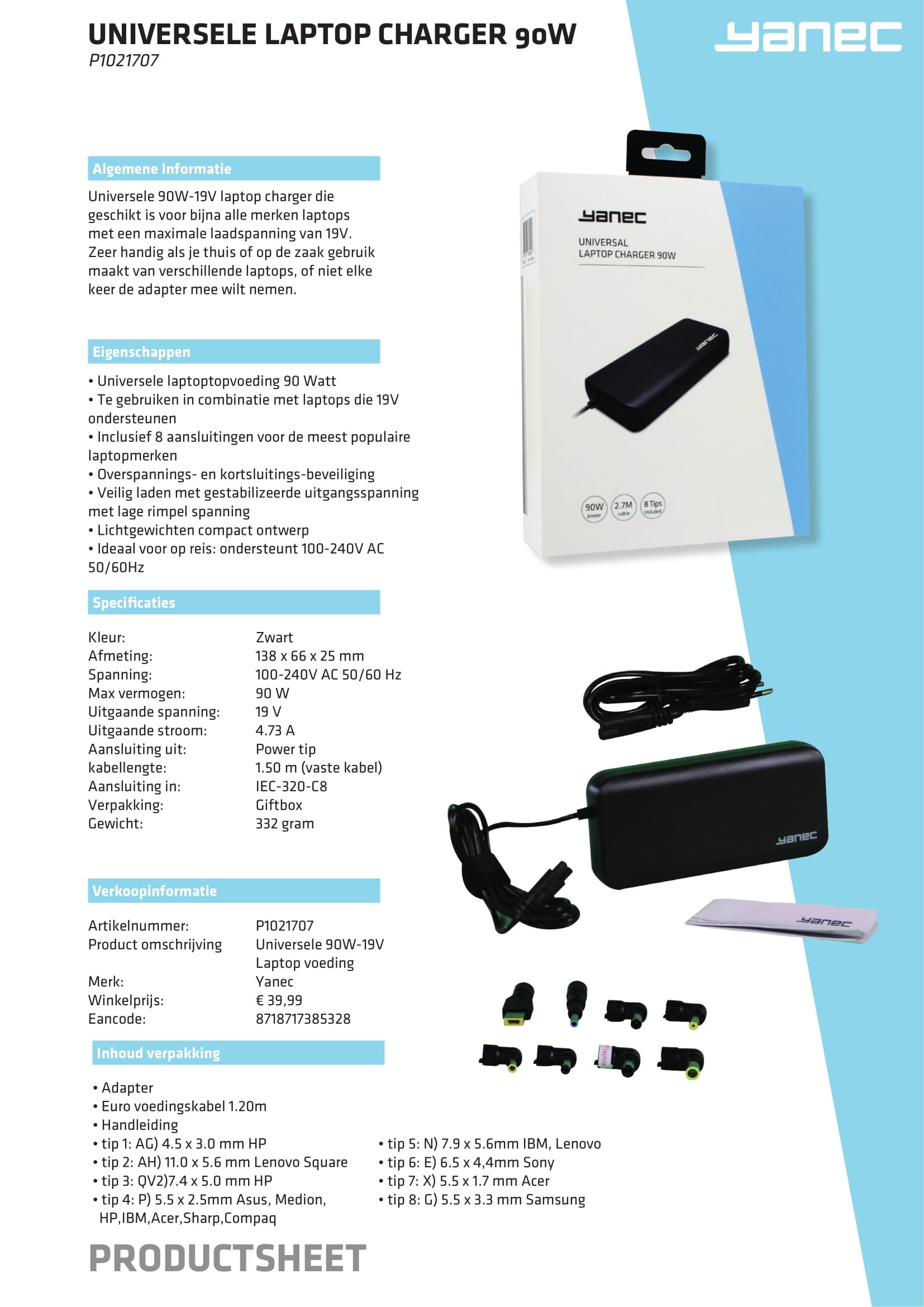 Adaptateur d'ordinateur portable Universal Yanec 90W avec 8 conseils noirs