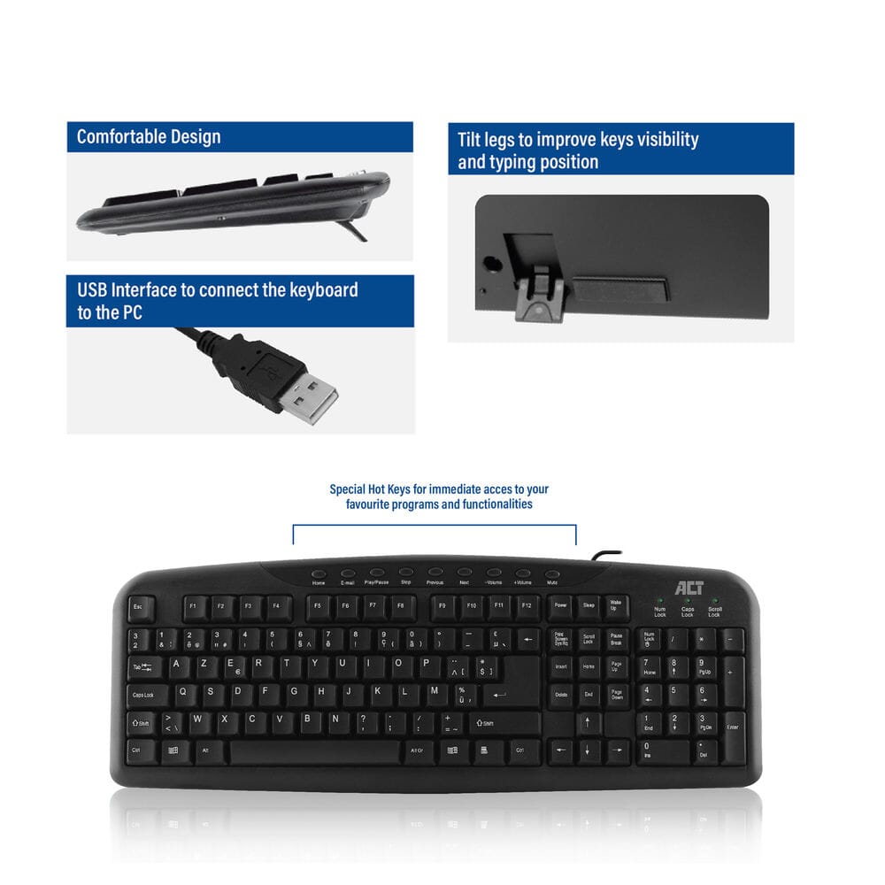 ACT Clavier USB, Azerty, noir