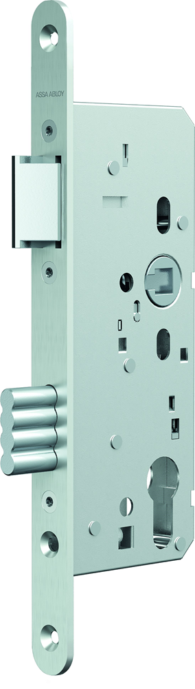 Serrure de porte Assa abloy n1000 | dm65mm | pc72mm | trou de manivelle 8mm | plaque frontale inox 20x235mm arrondie | loquet en zamac nickelé | Dr 1+3 2+4 - 10049483