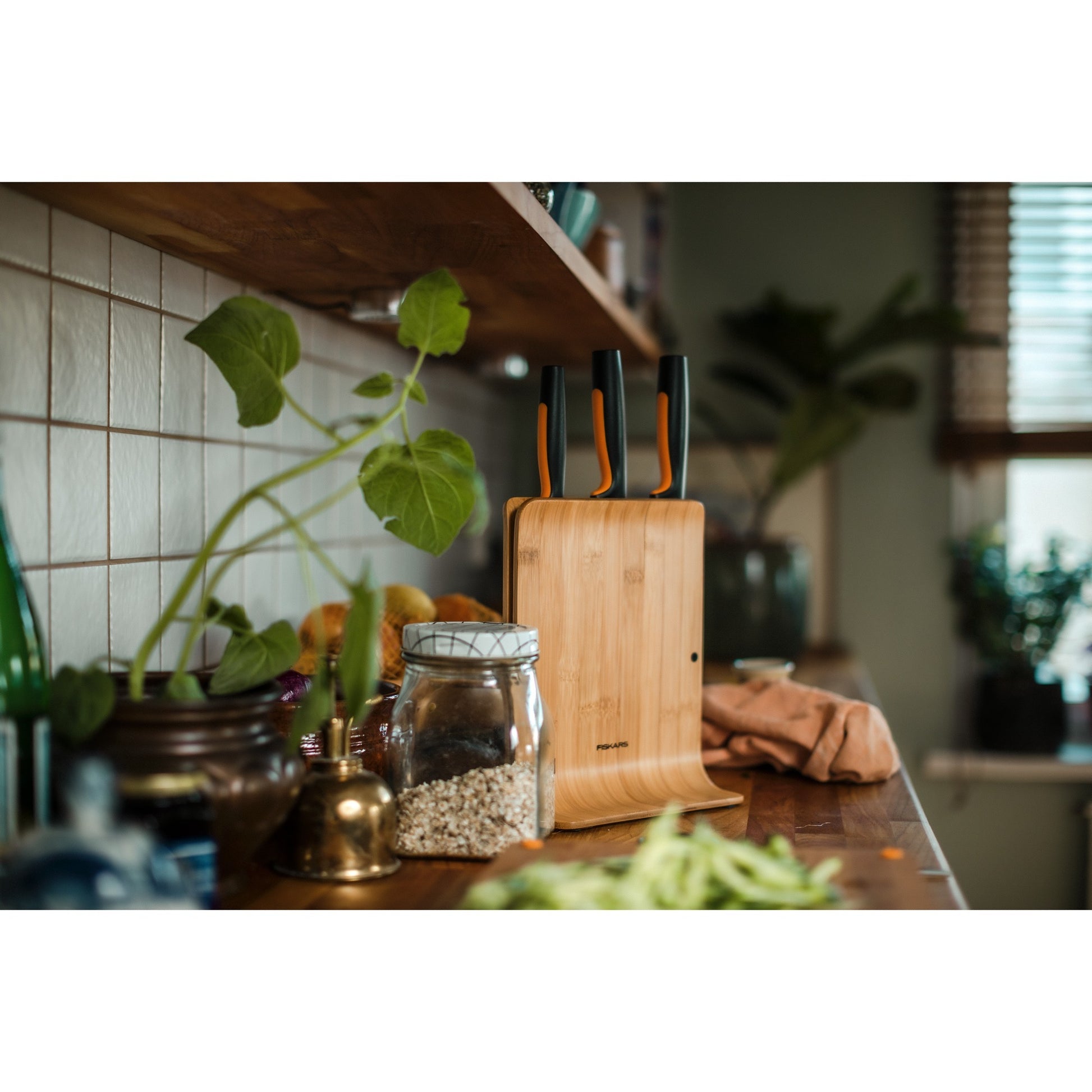 Fiskars Functional Form Bloc à couteaux en bambou avec 3 couteaux