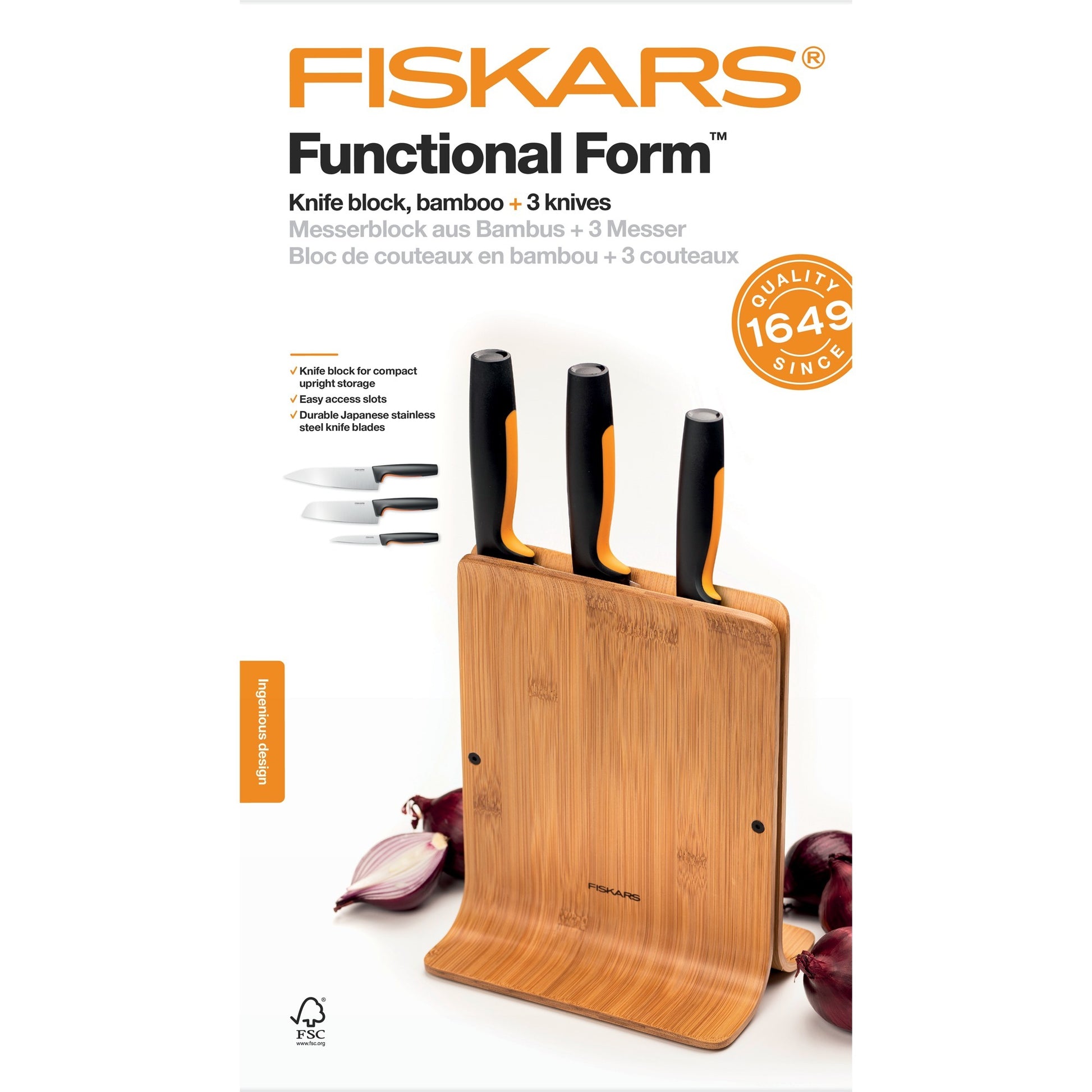 Fiskars Functional Form Bloc à couteaux en bambou avec 3 couteaux