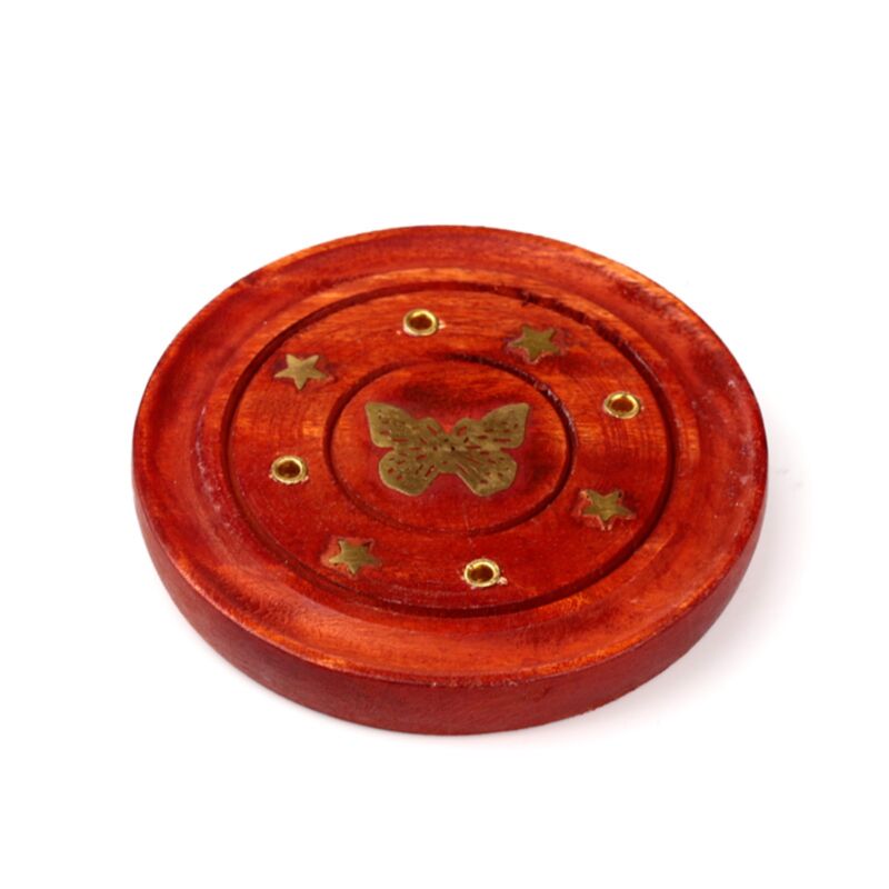 Mango Wood Round Encens Holder Butterfly Inclay
