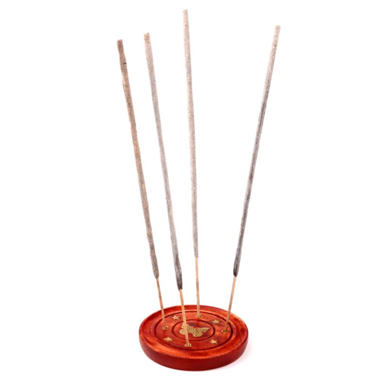Mango Wood Round Encens Holder Butterfly Inclay