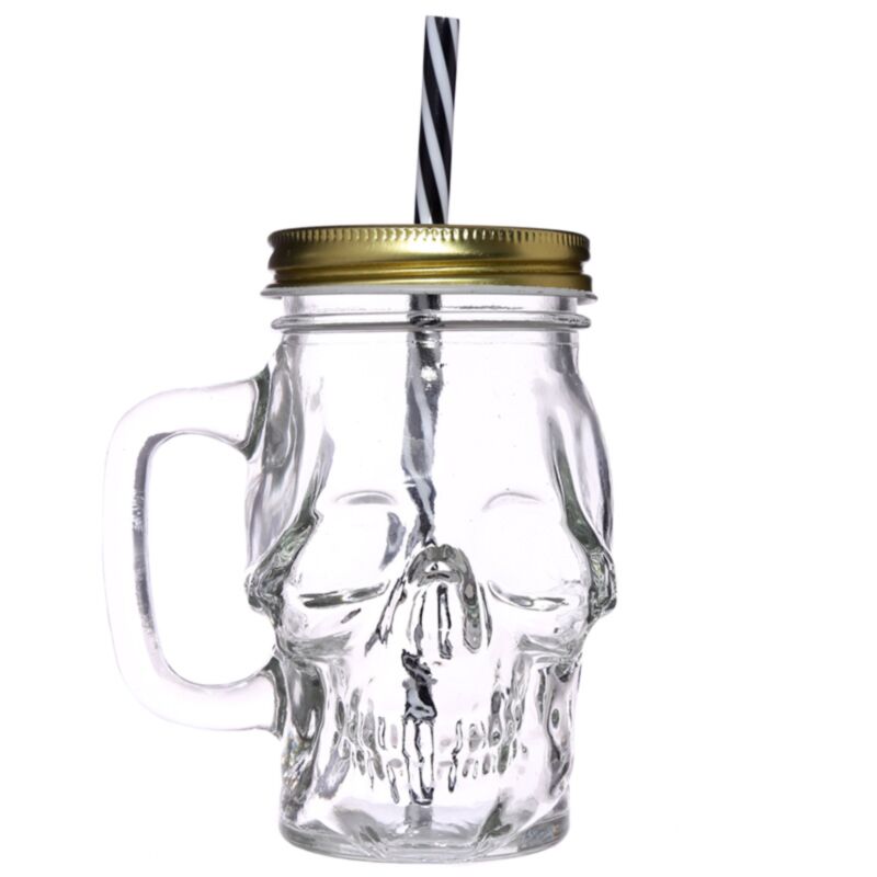 Tasse de boisson en verre en verre maçon en forme de crâne avec paille et couverture