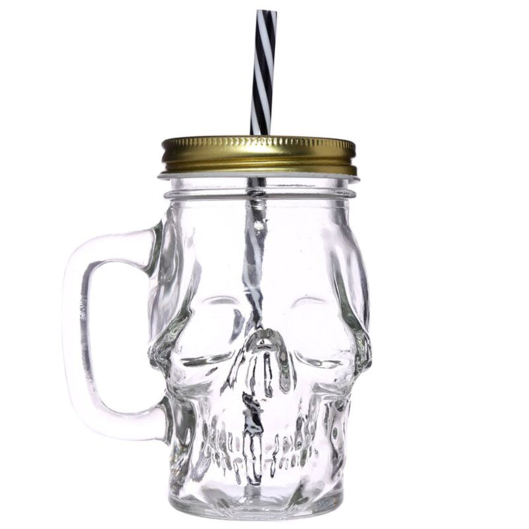 Tasse de boisson en verre en verre maçon en forme de crâne avec paille et couverture